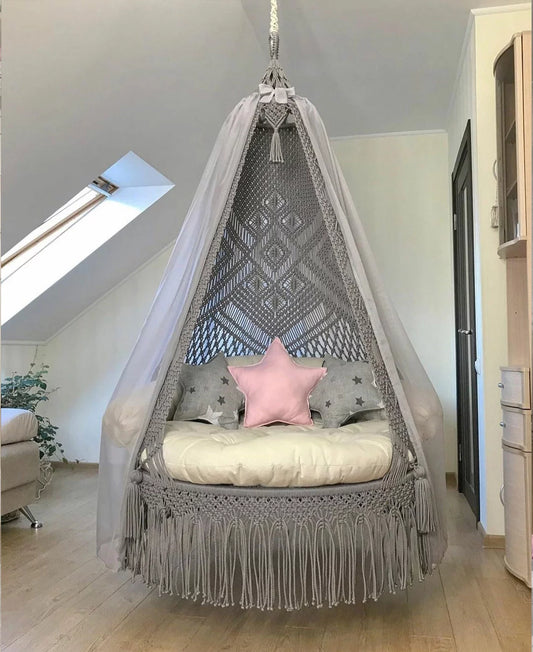 Starlit Serenity: Macrame Swing, Star Cushions, and Curtains for a Dreamy Escape