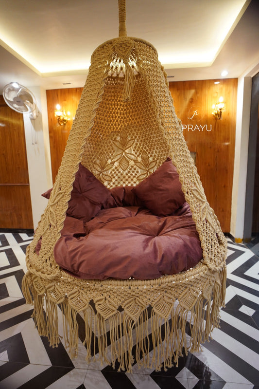 Golden Glow & Fiery Red: Handcrafted Macrame Swing by Prayu