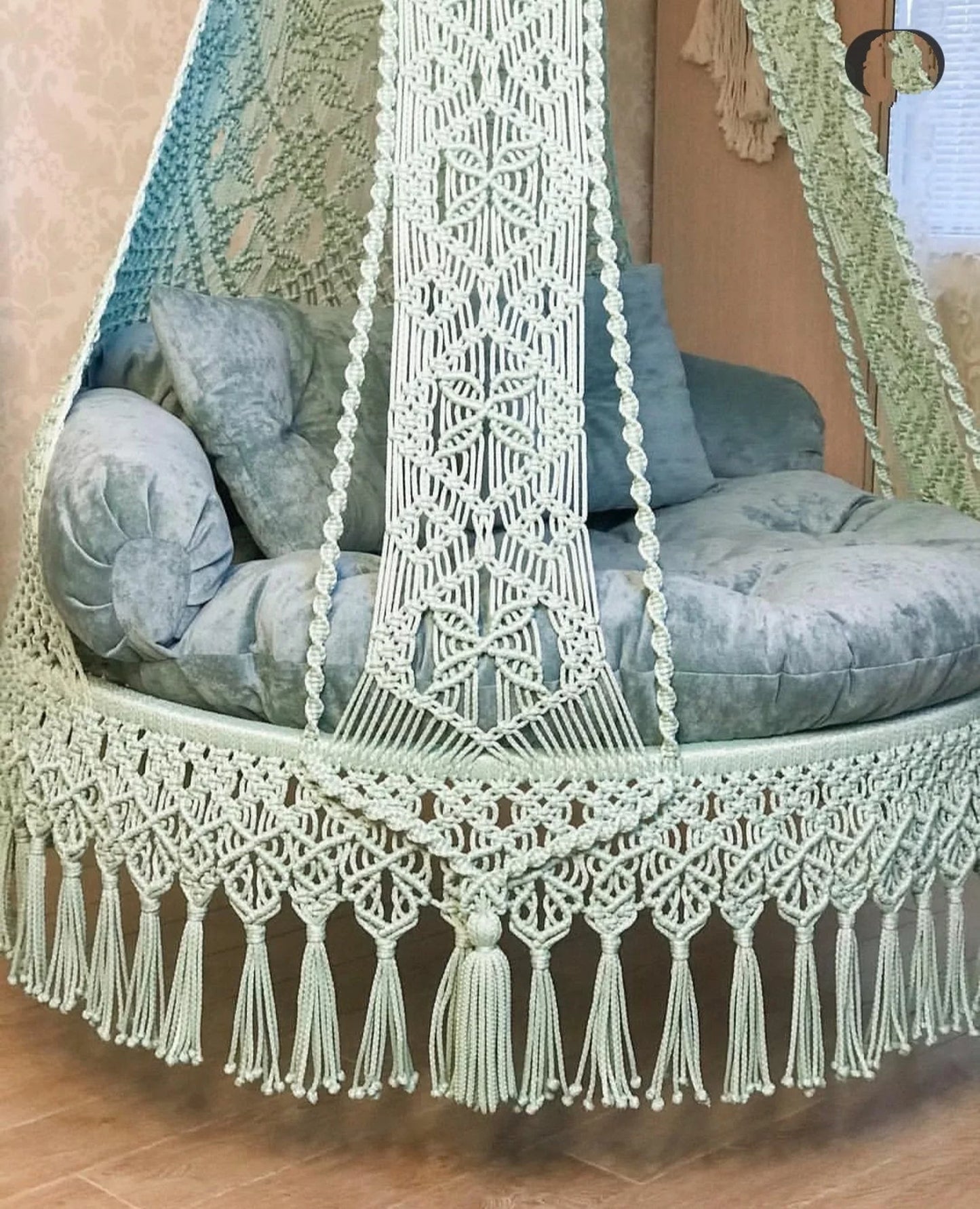 Enchanting Macrame Swing Jhula in Refreshing Pista Green & Soft White by Prayu