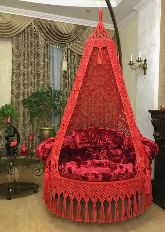 Fiery Elegance: Red Macrame Swing to Add Bold Charm to Your Space
