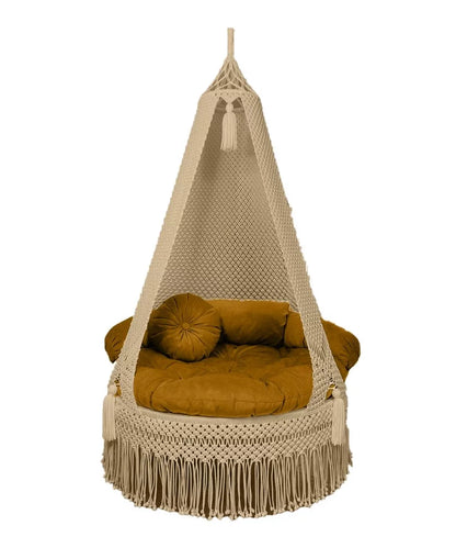 Boho Bliss: Beige Macrame Outdoor Swing Chair by Prayu