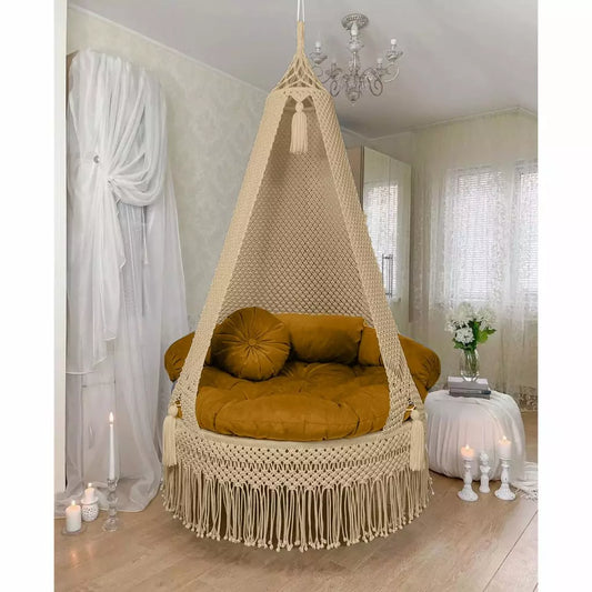 Boho Bliss: Beige Macrame Outdoor Swing Chair by Prayu