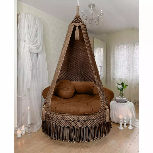 Earthy Elegance: Brown Macrame Swing Chair for Timeless Charm